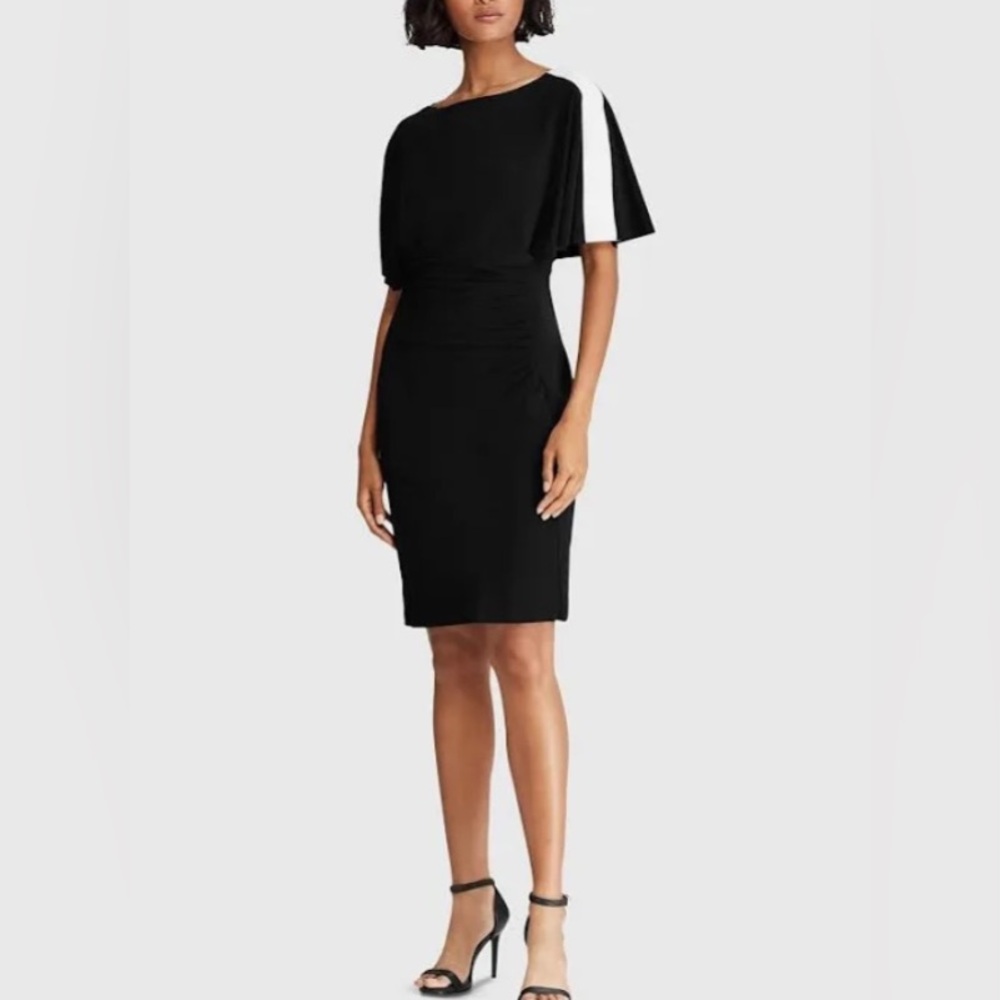 Ralph Lauren Bodycon Black and White Cocktail Dress with short cape sleeves